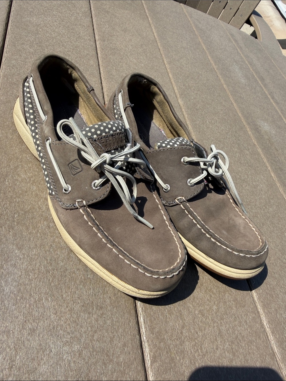 Sperry Taupe Brown Suede Women's Boat Shoes with Polka Dot Tongue